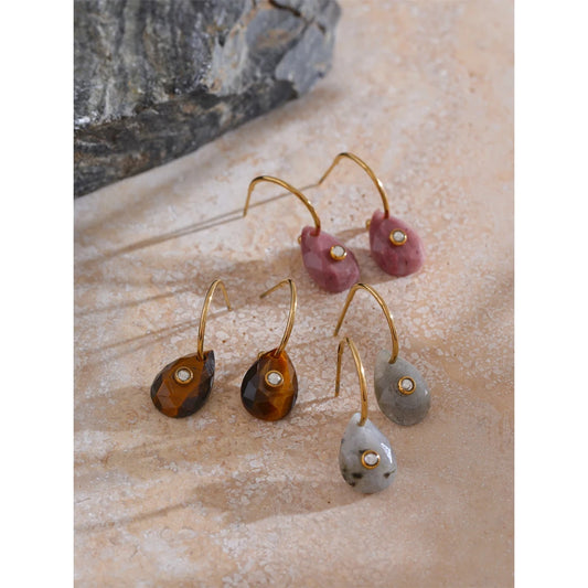 Natural Stone Water Drop Hoop Earrings for Women