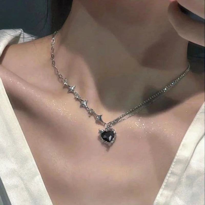 Y2K Purple Crystal Heart Pendant Necklace for Women