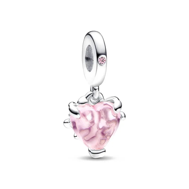 Spring Pink Series 925 Sterling Silver Enamel Dangle Pendant Bracelet