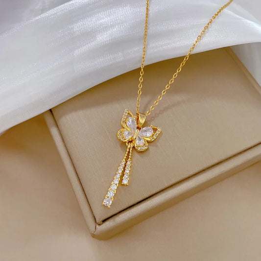 RINHOO FRIENDSHIP Micro Inlaid Zircon Butterfly Tassel Necklace for Women