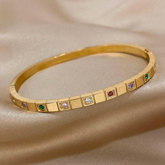 AENSOA Inlaid Square Small Colored Zircon Stainless Steel Bracelet