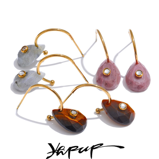 Natural Stone Water Drop Hoop Earrings for Women