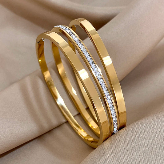 AENSOA 3Pcs Simple Gold Plated Crystal Cuff Bracelet