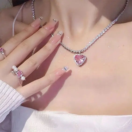 Y2K Purple Crystal Heart Pendant Necklace for Women