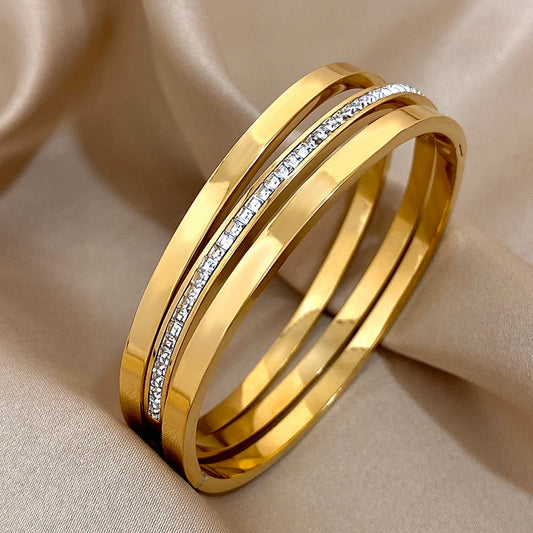 AENSOA 3Pcs Simple Gold Plated Crystal Cuff Bracelet