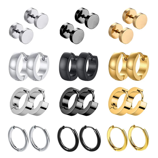 1 Pair Multi Types UNISEX Black Gold Color Stainless Steel Earrings