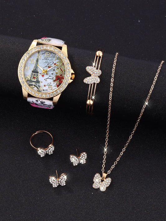 6Pcs Set Stylish Eiffel Tower Rhinestone Mirror Quartz Watch